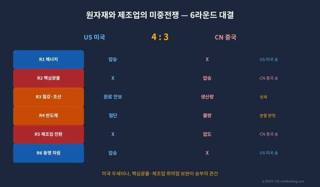 원자재와 제조업의 미중전쟁 6라운드 대결 비교 인포그래픽