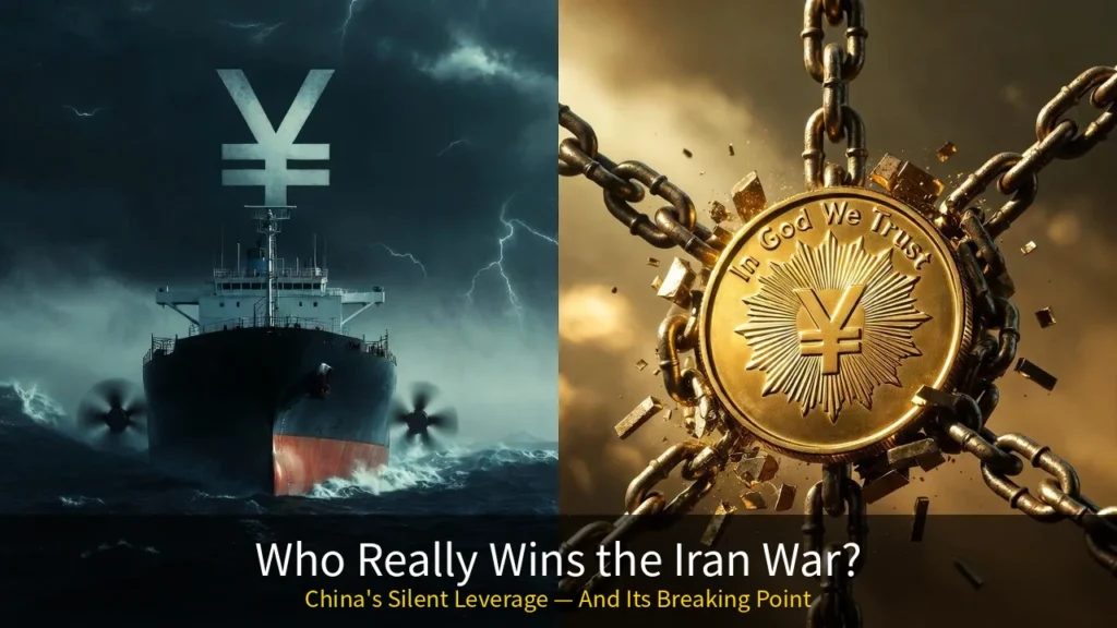 Iran war China oil leverage — split image of yuan-marked oil tanker versus golden dollar coin breaking free from chains