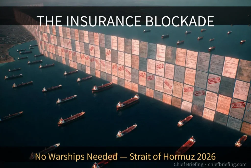 Insurance blockade concept at Strait of Hormuz: oil tankers stranded behind a translucent wall of cancelled insurance documents — illustrating the 2026 de facto maritime blockade caused by London war-risk policy withdrawal