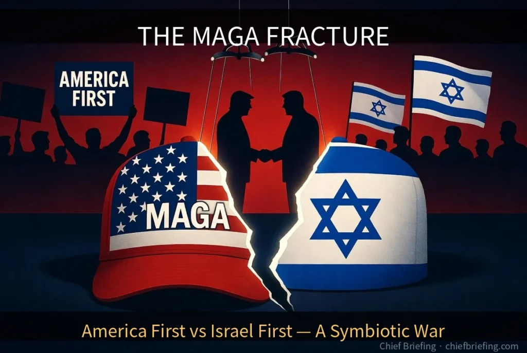 MAGA hat torn between American flag and Israeli flag patterns: illustration of the America First vs Israel First fracture within the Republican base over the 2026 Iran war