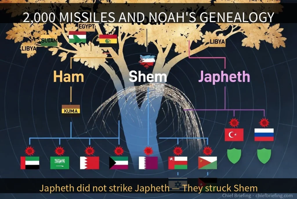 Noah's three sons (Shem, Ham, Japheth) genealogy mapped against 2026 Iranian retaliation targets: 9 Shem-lineage nations directly struck, zero Japheth nations hit — a 3,000-year-old bloodline boundary redrawn on missile trajectories