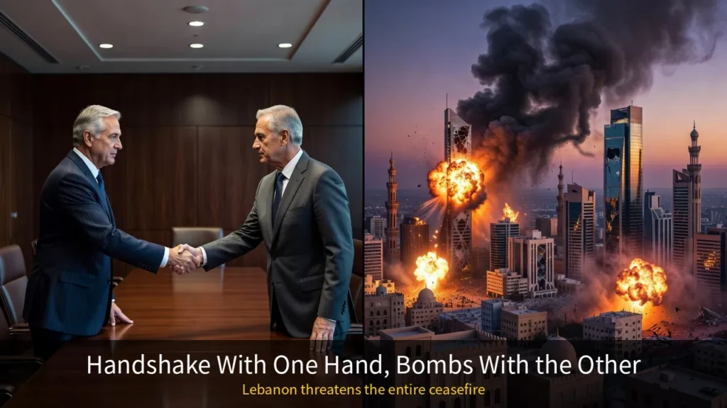 US-Iran Ceasefire, Split image diplomats handshake versus city bombardment
