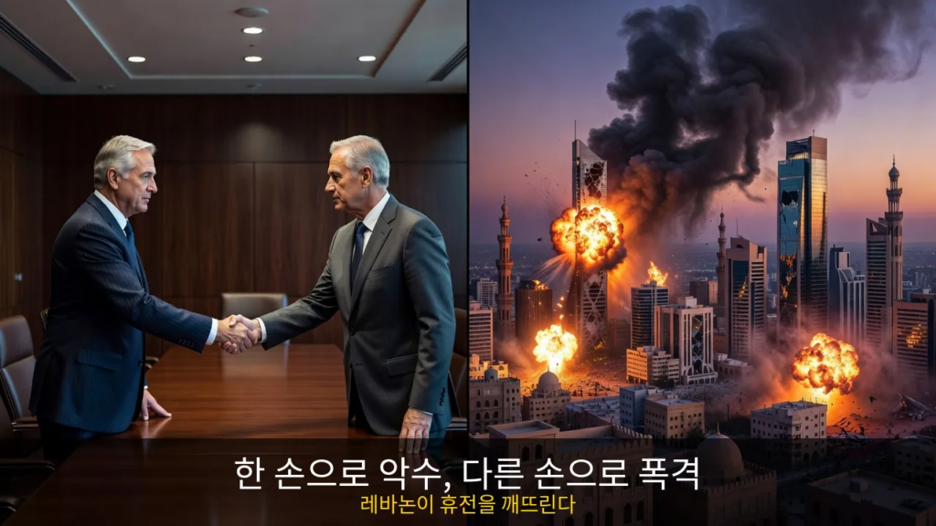 미국 이란 휴전, 한쪽은 외교관 악수 다른 쪽은 도시 폭격 분할 이미지
