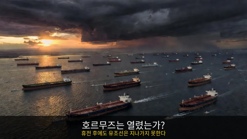 미국 이란 휴전, 호르무즈 해협에 정박한 유조선들과 이란 순찰선