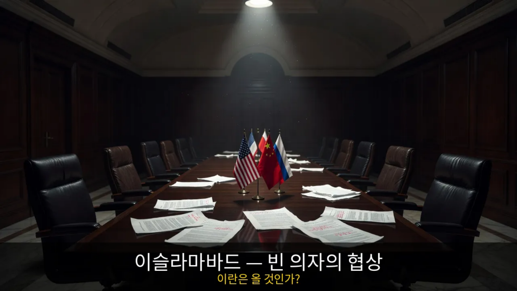 빈 의자가 놓인 외교 협상 테이블