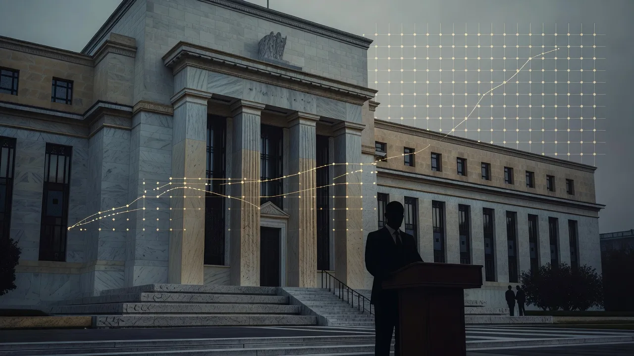 FOMC 금리 전망을 상징하는 연준 건물과 점도표, 신임 의장을 표현한 일러스트
