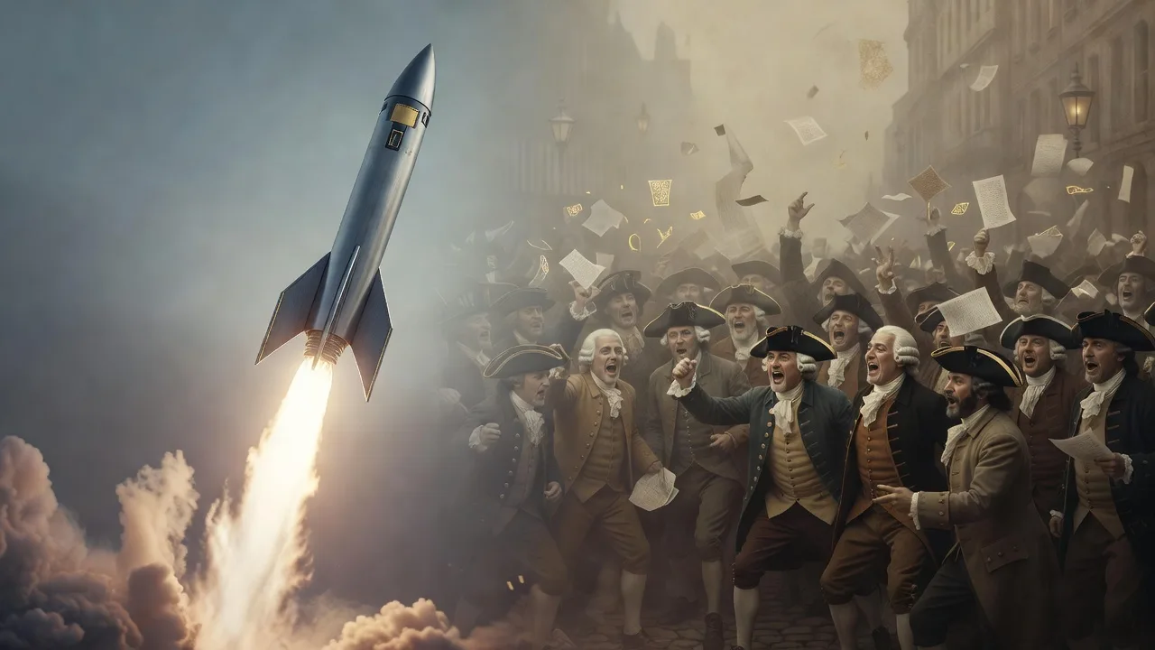 SpaceX IPO와 남해회사 버블을 대비시킨 로켓과 1720년 주식 광기를 표현한 일러스트