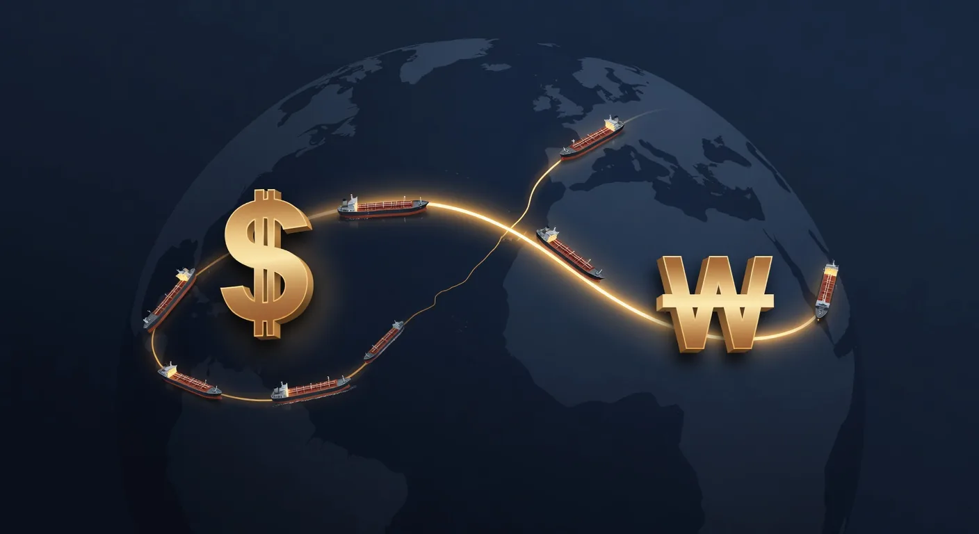 Symbolic image linking the US dollar and the Korean won across a Hormuz tanker route