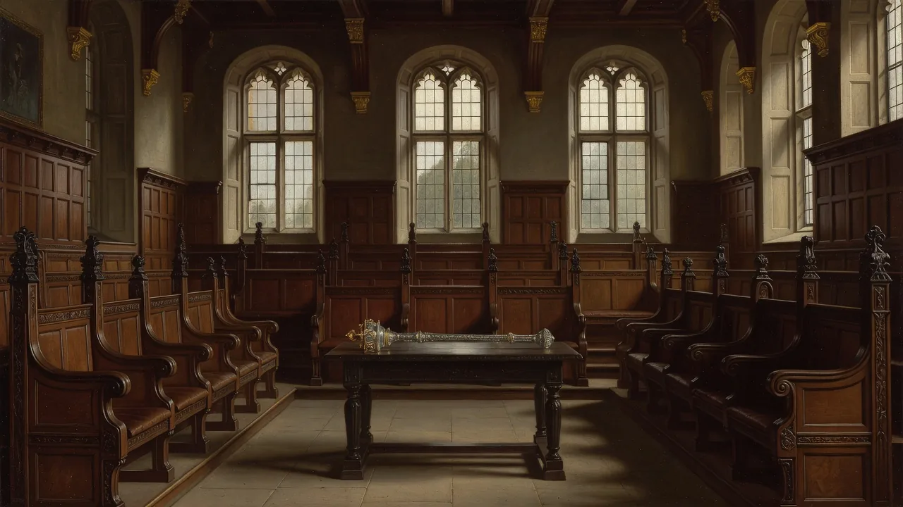 British Parliament constitutional monarchy wooden benches arched windows