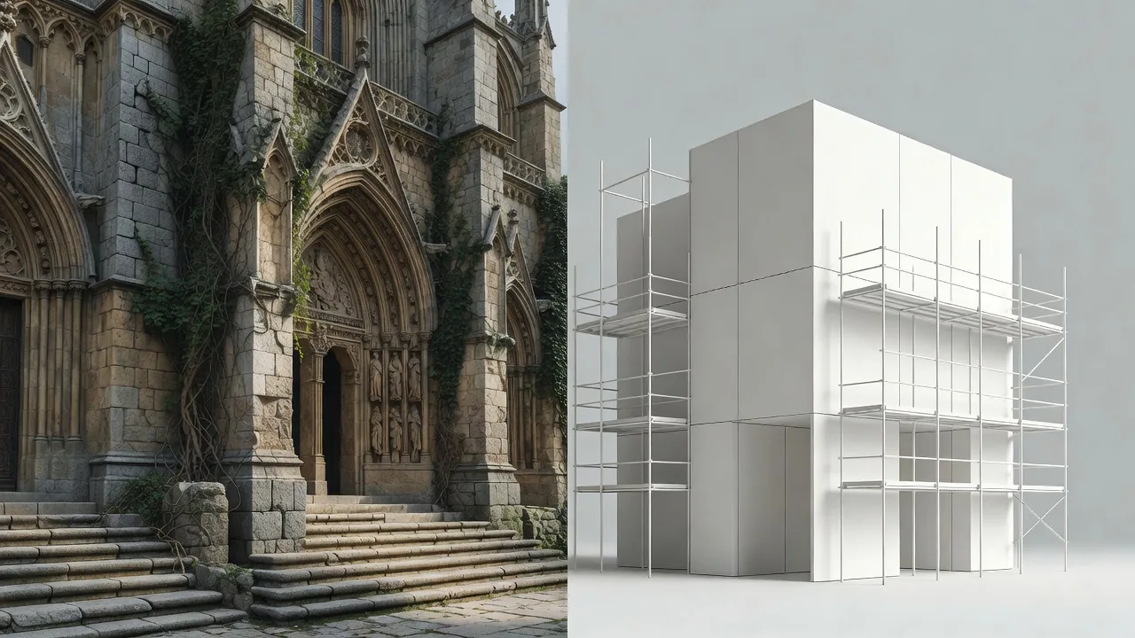 tradition versus blueprint old stone building and geometric plan