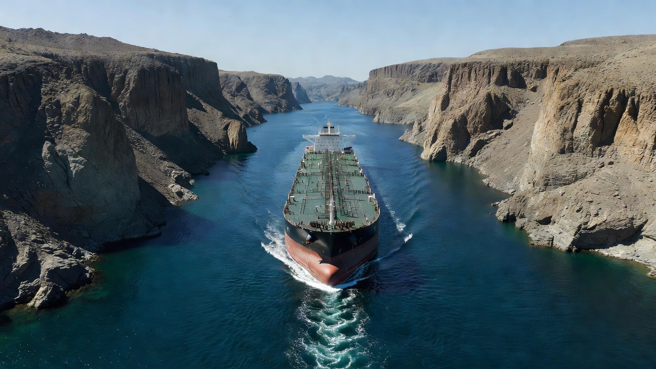 Oil tanker transiting the narrow strait