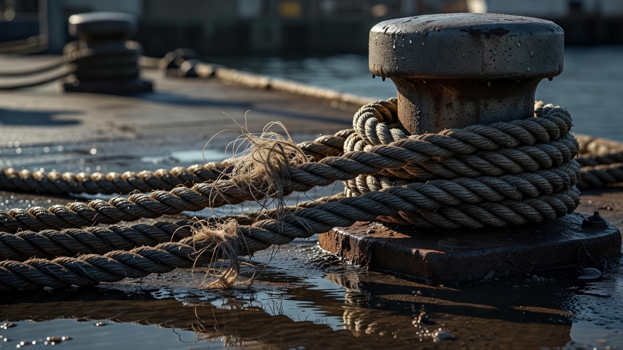 Three ropes tied together, one of them beginning to fray